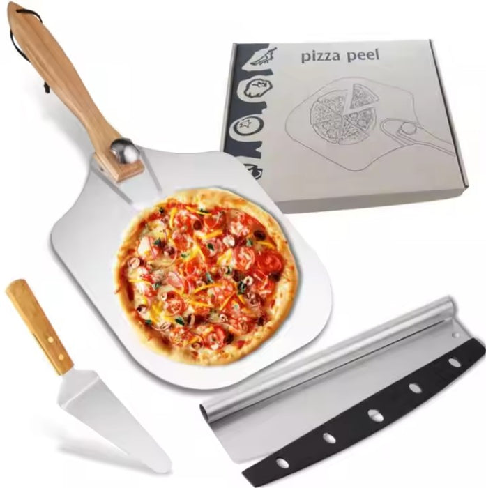 Pizza Tool Set - Wooden Handle Shovel, Rocker Cutter, and Spatula