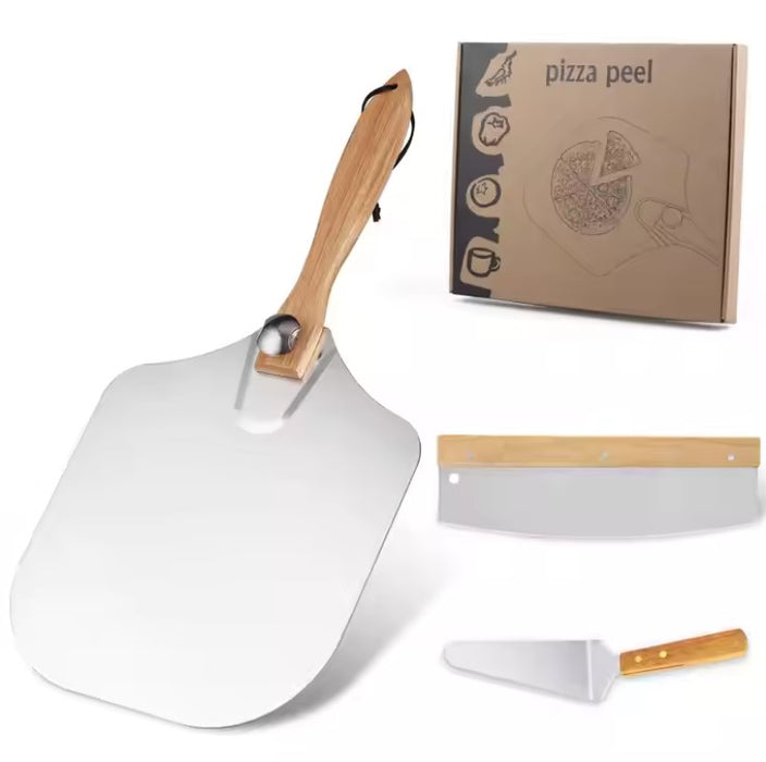 Pizza Tool Set - Wooden Handle Shovel, Rocker Cutter, and Spatula