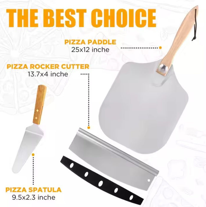 Pizza Tool Set - Wooden Handle Shovel, Rocker Cutter, and Spatula