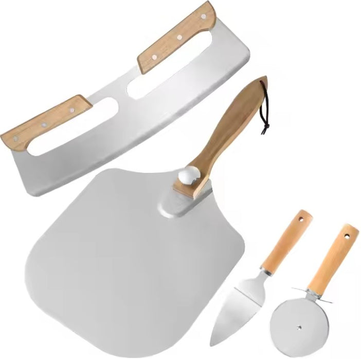 Stainless Steel Pizza Cutter & Server Set with Folding Wooden Handle