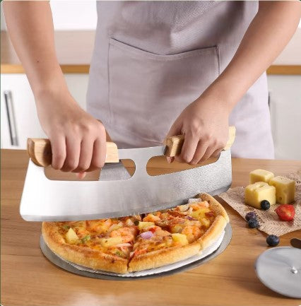 Stainless Steel Pizza Cutter & Server Set with Folding Wooden Handle