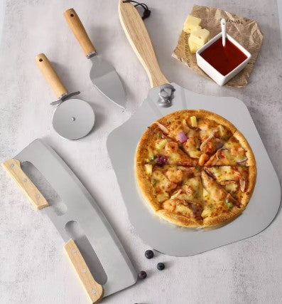 Stainless Steel Pizza Cutter & Server Set with Folding Wooden Handle