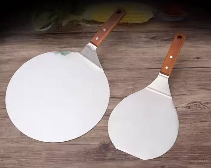 Round Stainless Steel Non-Stick Pizza Paddle with Oak Wooden Handle (set of two)